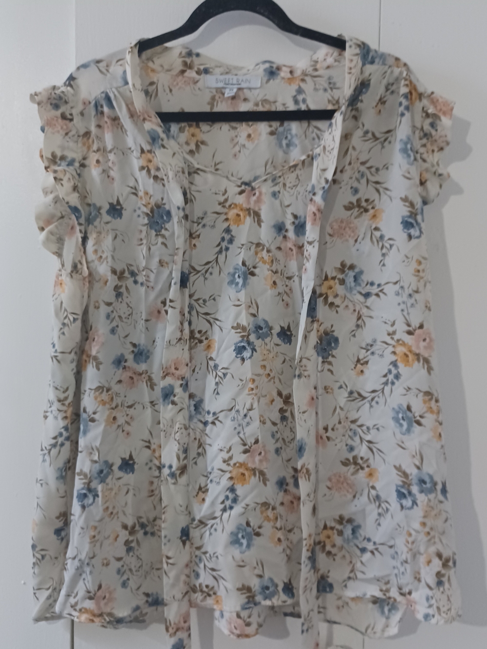SWEET RAIN Floral Ruffle Sleeve Blouse in Cream & Blue Size 2X